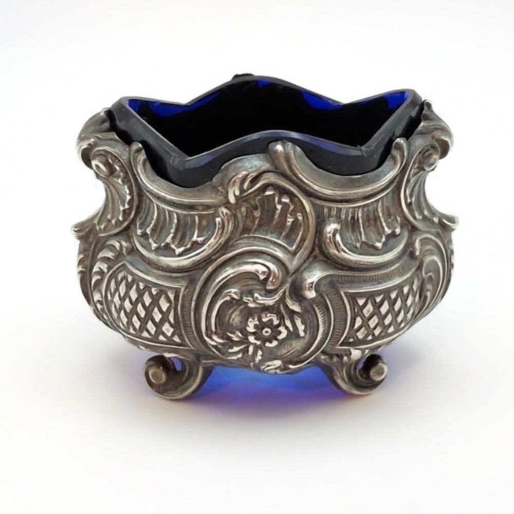 Antique Silver (Plated?) Floral Repoussé Ornate Cobalt Blue Glass Salt Cellar